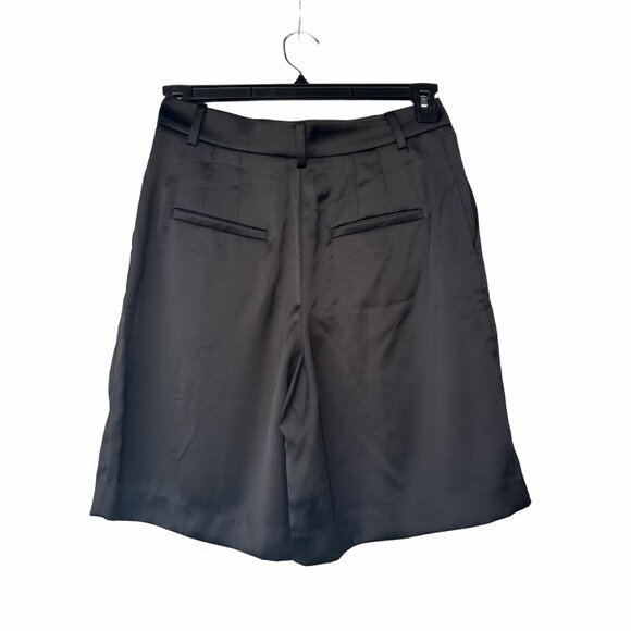⭐Women Satin Bermuda Short Sz 2 High-Waist Pleated Black Belt Loops Rear Pockets - Picture 2 of 8